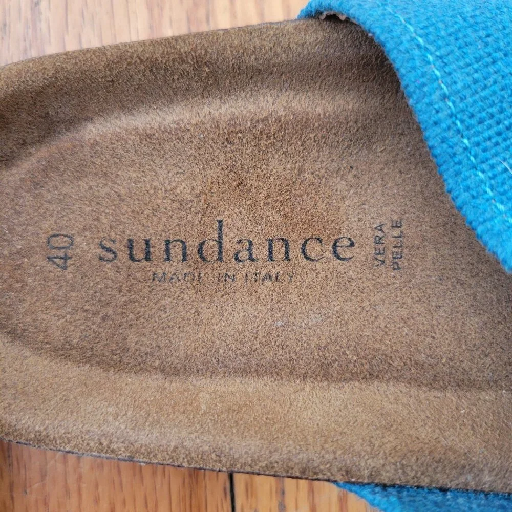 Sundance 9 9.5 Blue Leather Canvas Sandals‎ Cork Insole 40 Open Toe Comfort